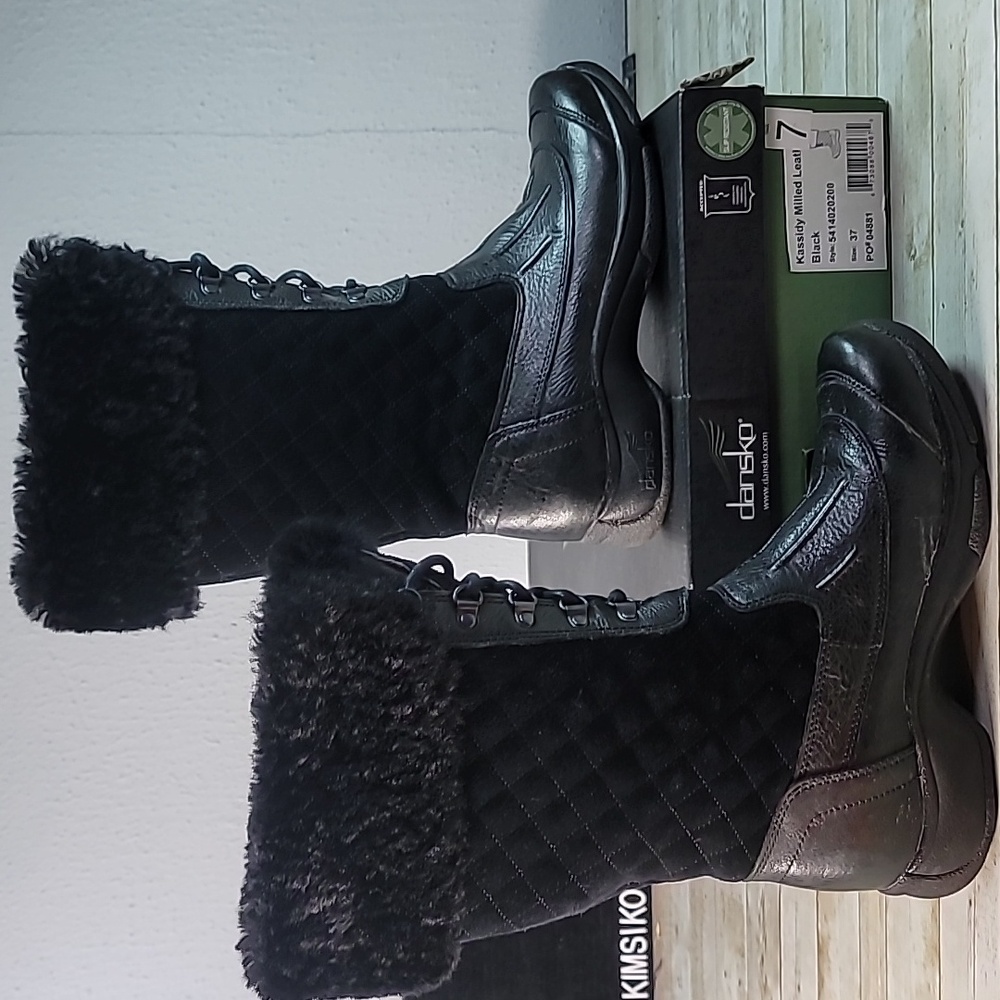 Dansko Kassidy Quilted Leather Fur Boots High Tall‎ Black Womens Size 37EUR 7/7½